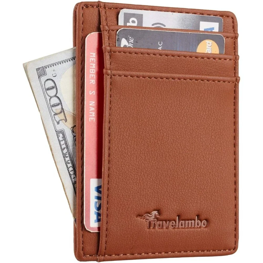 Mens Black Front Pocket Minimalist Leather Slim Wallet RFID Blocking Medium Size